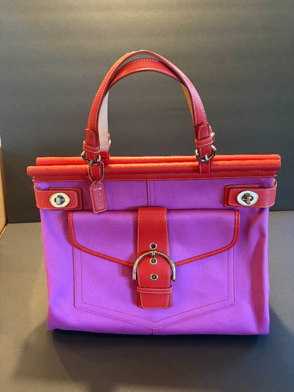 Red and Pink Coach Double Turnlock Hampton Canvas and Leather Bag